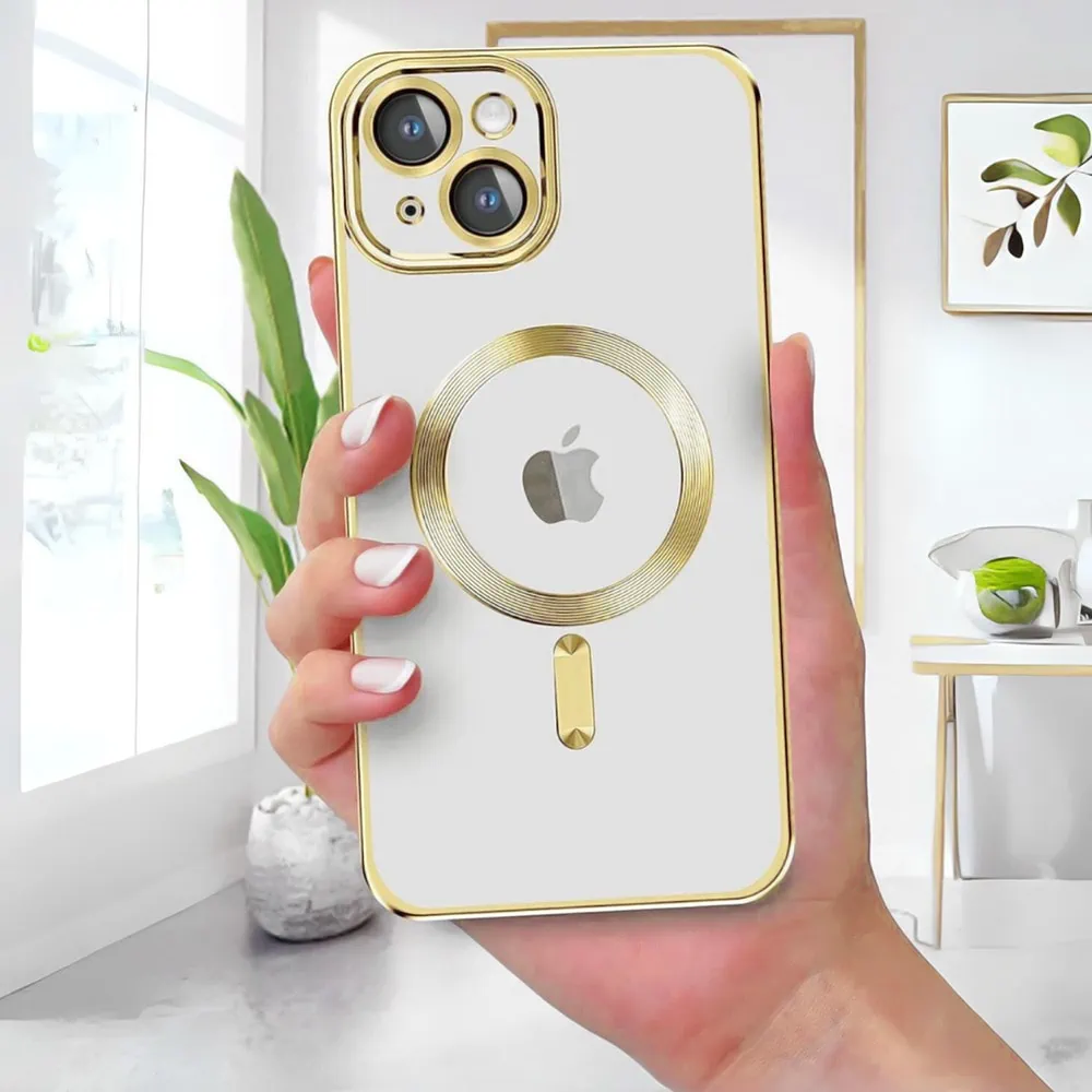 Etui do iPhone 14 Plus MagSafe Luxury Protect przeźroczyste, hybrydowa ochrona kamery, złote