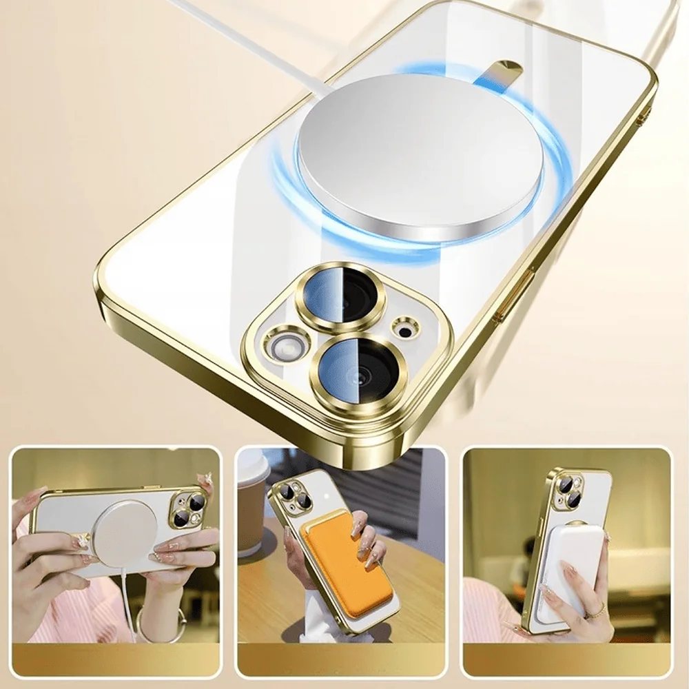 Etui do iPhone 14 Plus MagSafe Luxury Protect przeźroczyste, hybrydowa ochrona kamery, złote
