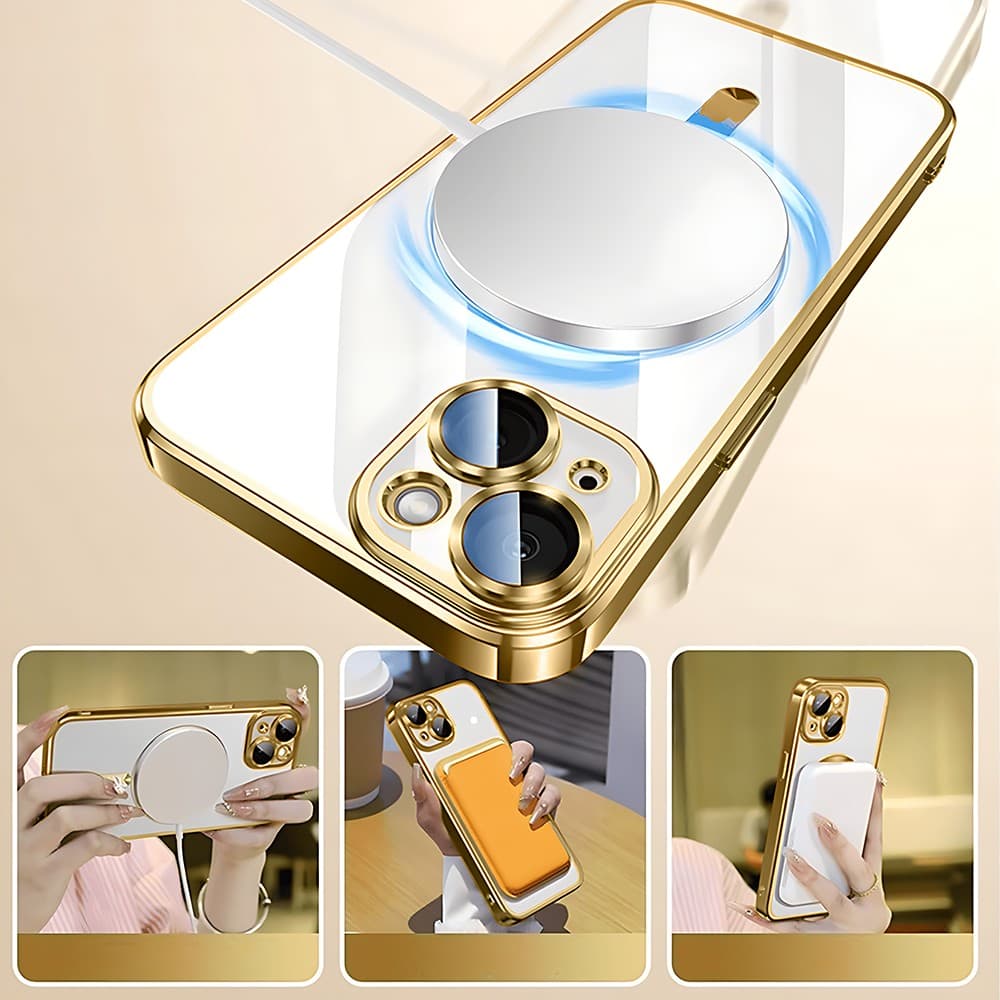 Etui do iPhone 14 MagSafe Luxury Protect przeźroczyste, hybrydowa ochrona kamery, złote