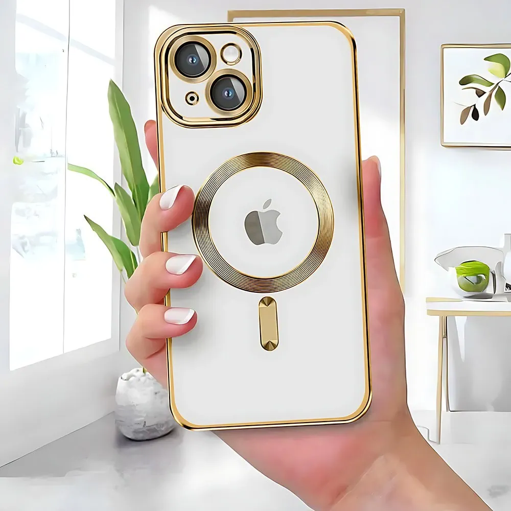 Etui do iPhone 14 MagSafe Luxury Protect przeźroczyste, hybrydowa ochrona kamery, złote