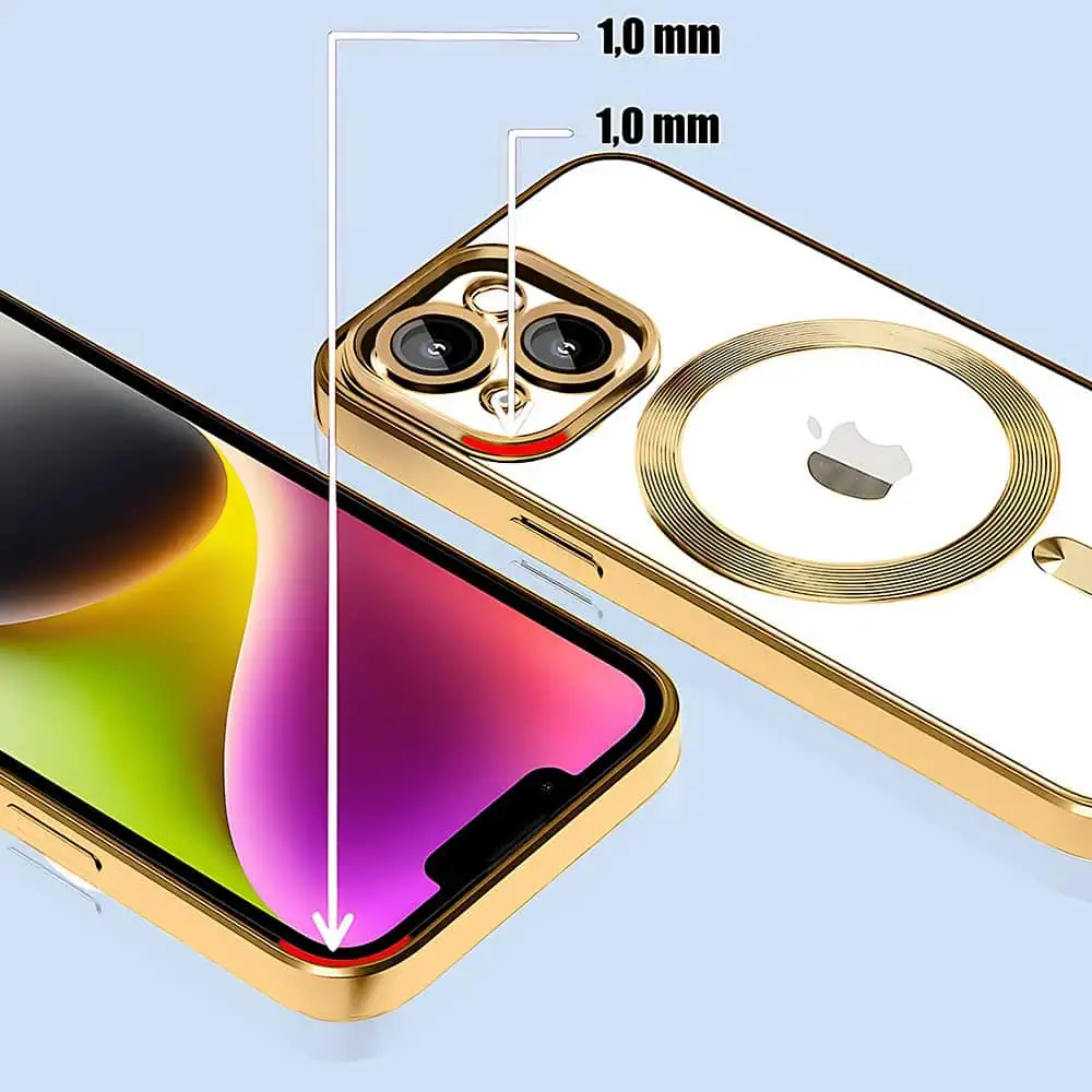 Etui do iPhone 14 MagSafe Luxury Protect przeźroczyste, hybrydowa ochrona kamery, złote
