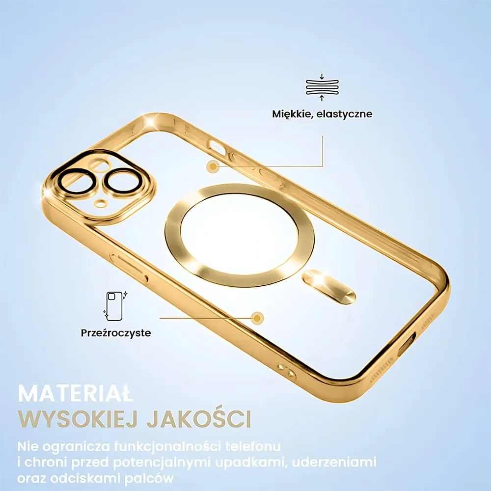 Etui do iPhone 14 MagSafe Luxury Protect przeźroczyste, hybrydowa ochrona kamery, złote