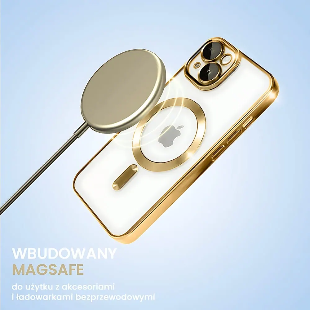 Etui do iPhone 14 MagSafe Luxury Protect przeźroczyste, hybrydowa ochrona kamery, złote