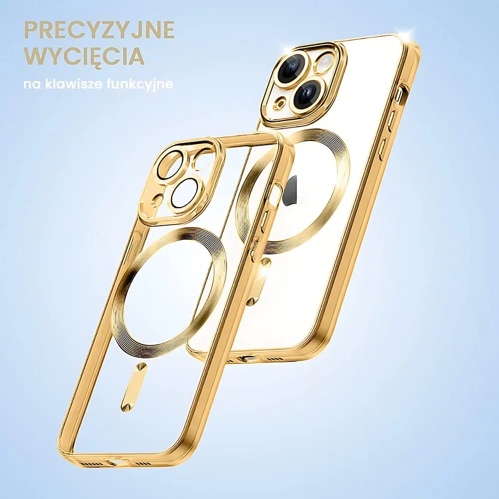 Etui do iPhone 14 MagSafe Luxury Protect przeźroczyste, hybrydowa ochrona kamery, złote