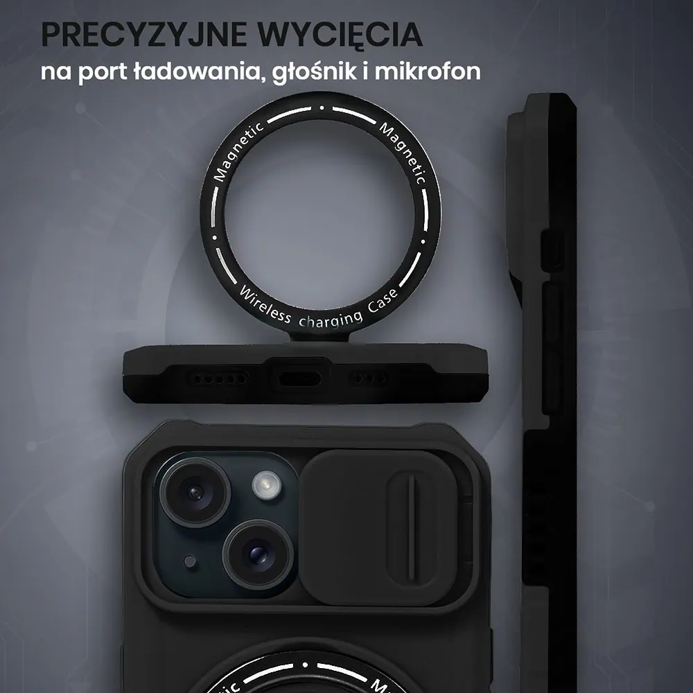 Etui do iPhone 14 MagSafe Slide Camera Stand pancerne, osłona kamery z podstawką, czarne