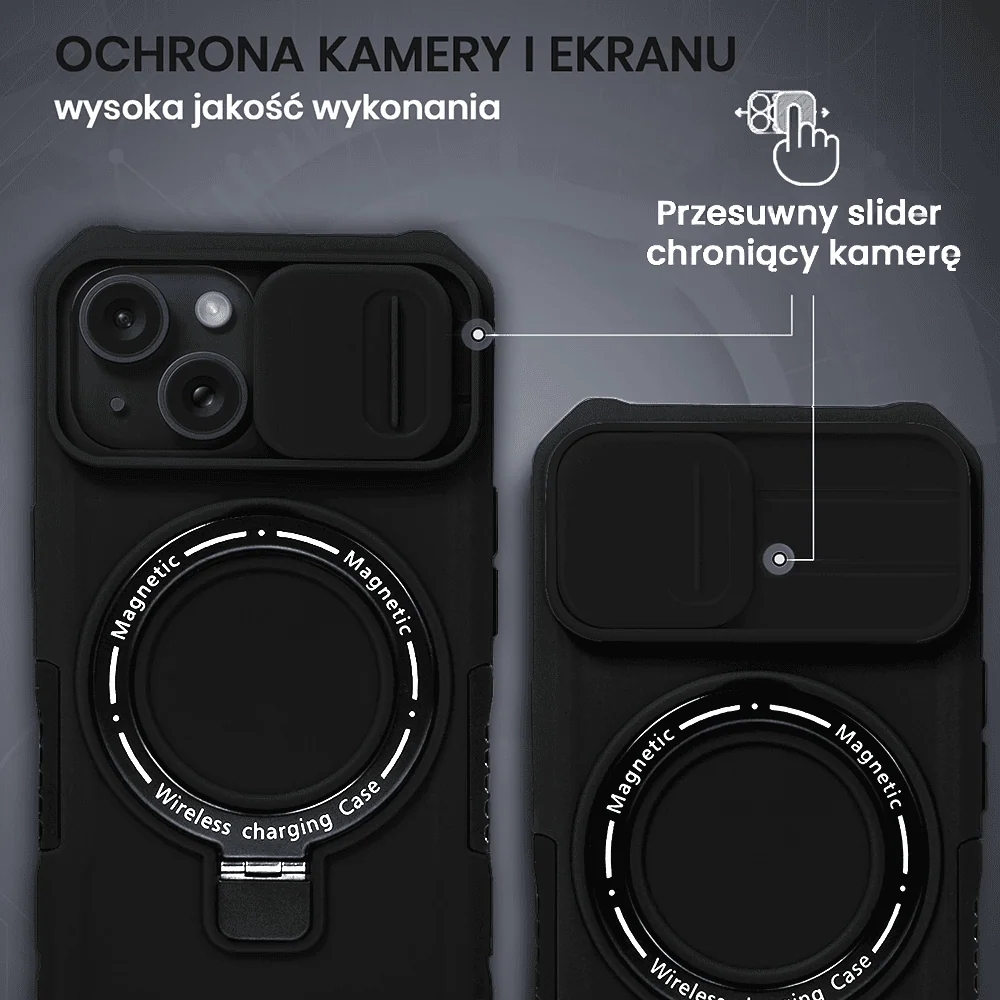 Etui do iPhone 14 MagSafe Slide Camera Stand pancerne, osłona kamery z podstawką, czarne