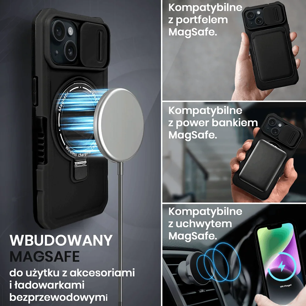 Etui do iPhone 14 MagSafe Slide Camera Stand pancerne, osłona kamery z podstawką, czarne