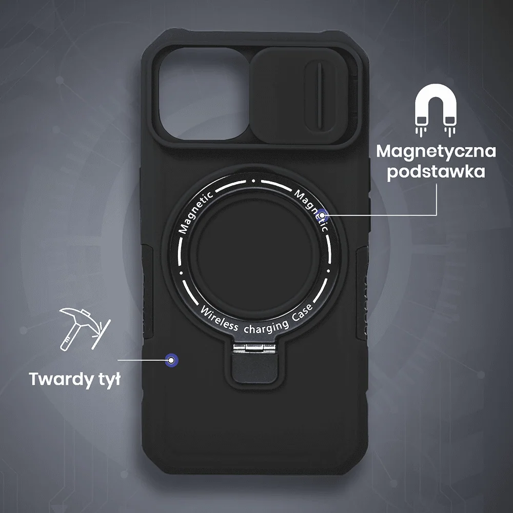 Etui do iPhone 14 MagSafe Slide Camera Stand pancerne, osłona kamery z podstawką, czarne