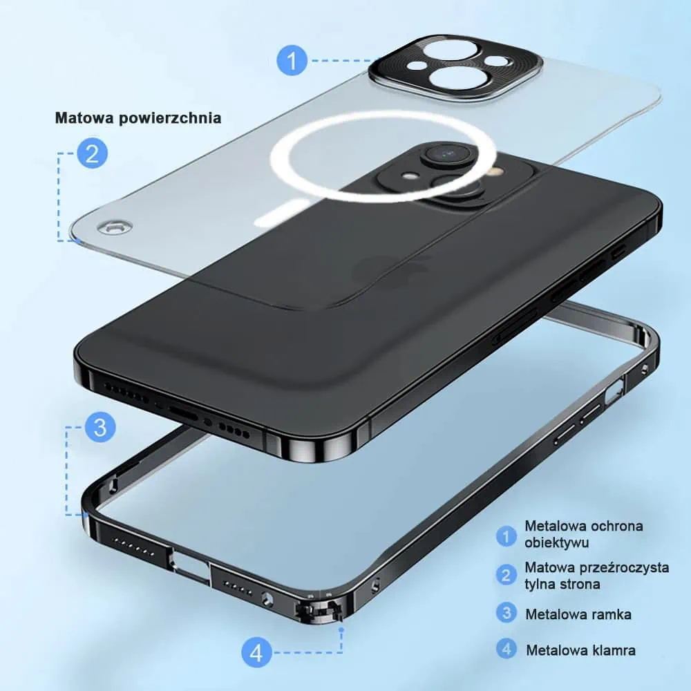 Etui do iPhone 14 Magsafe Armor metalowa ramka, twarde aluminium, czarne