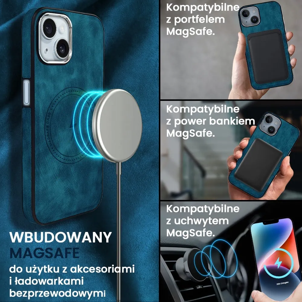 Etui do iPhone 14 Magsafe Business Leather, eleganckie, przyjemne w dotyku, granatowe