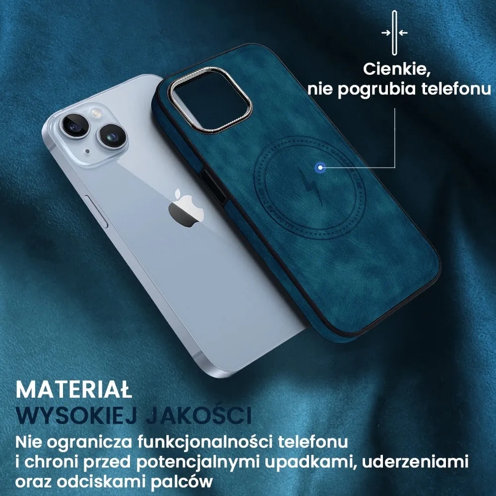 Etui do iPhone 14 Magsafe Business Leather, eleganckie, przyjemne w dotyku, granatowe