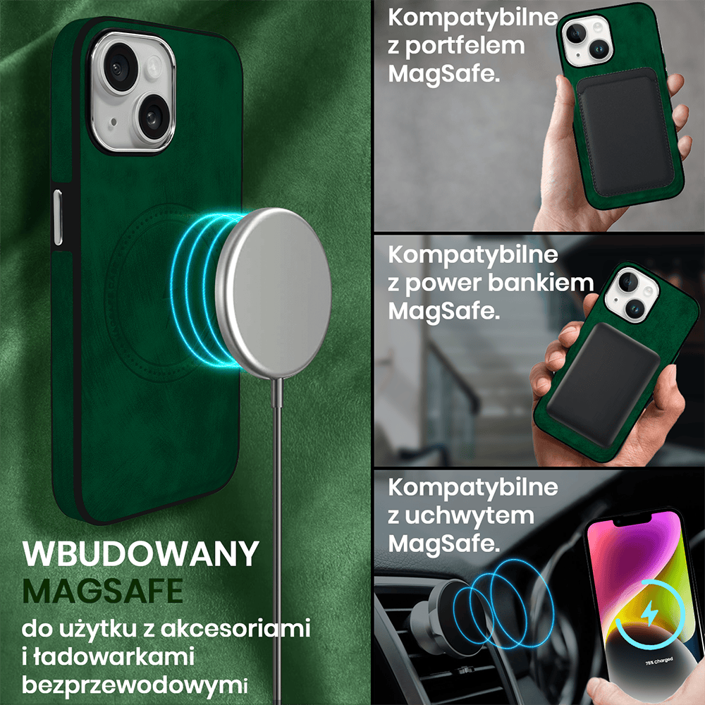 Etui do iPhone 14 Magsafe Business Leather, eleganckie, przyjemne w dotyku, zielone