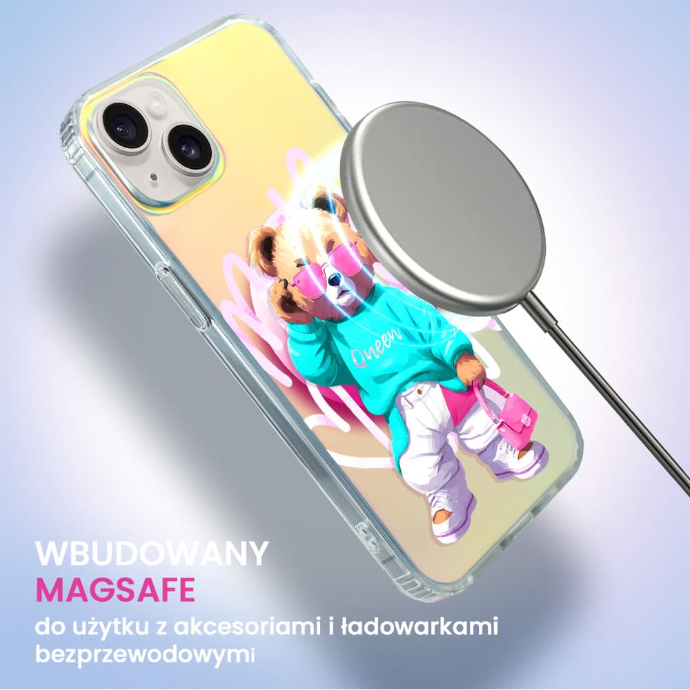 Etui do iPhone 14 MagSafe Bear With Me, Pink Queen, stylowy miś, zmieniające kolor