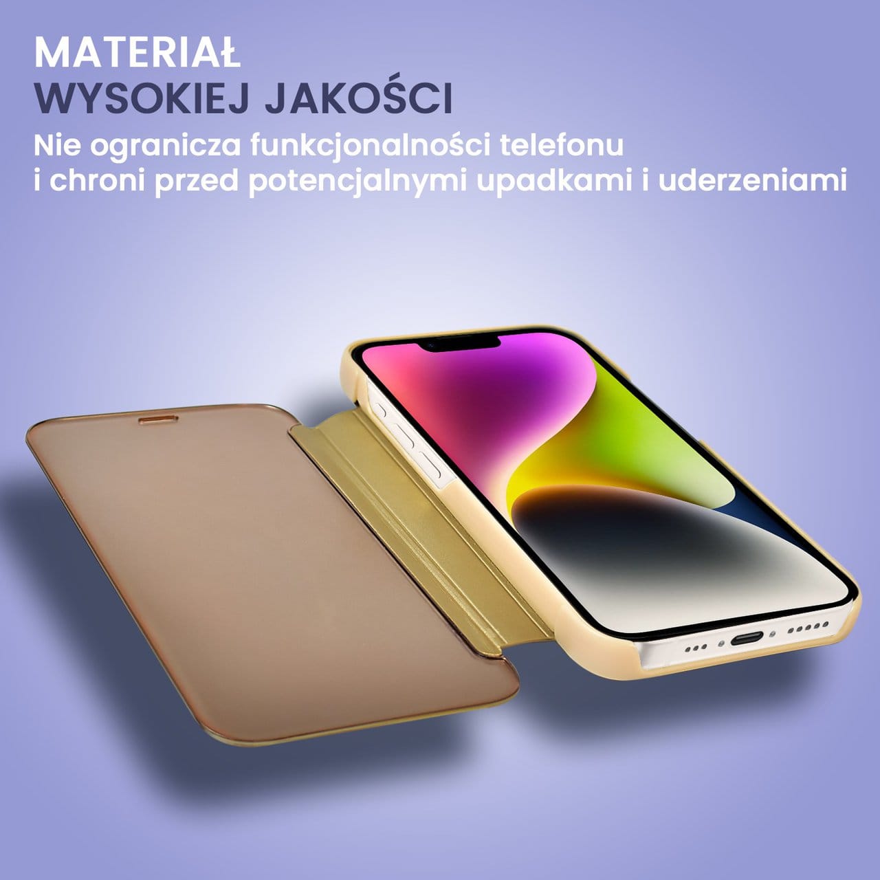 Etui do iPhone 14 Mirror View zamykane typu książka, eleganckie lustrzane, złote