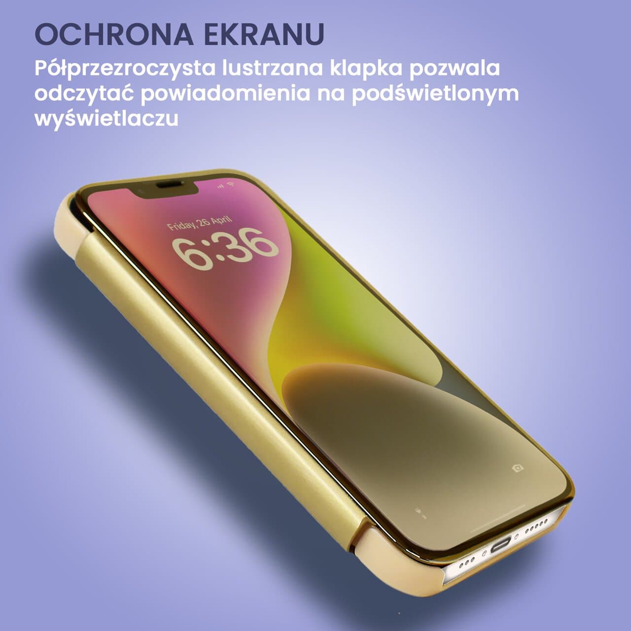 Etui do iPhone 14 Mirror View zamykane typu książka, eleganckie lustrzane, złote