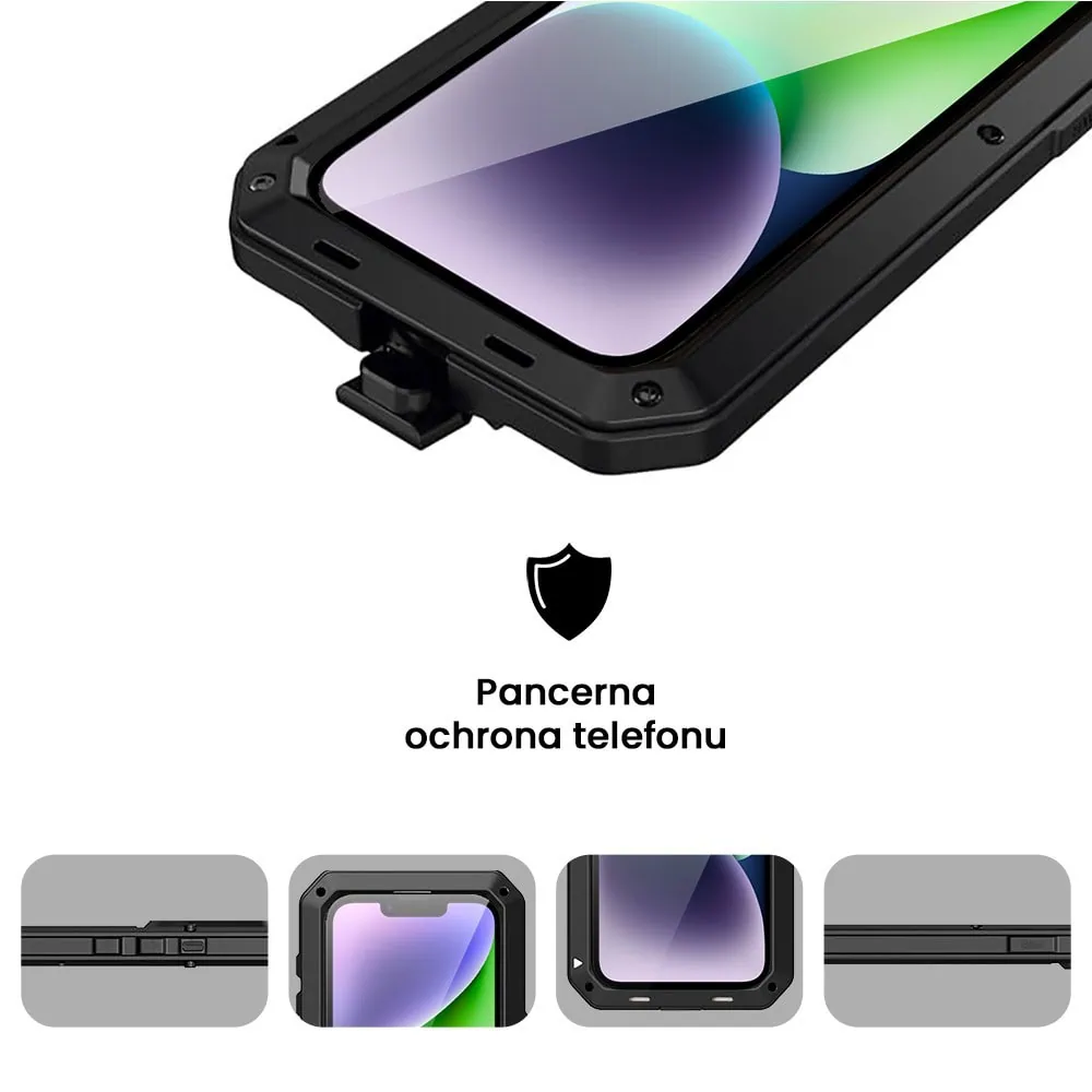 Etui do iPhone 14 Panzer Max, metalowa, skręcana, pancerna obudowa przód+tył, czarne