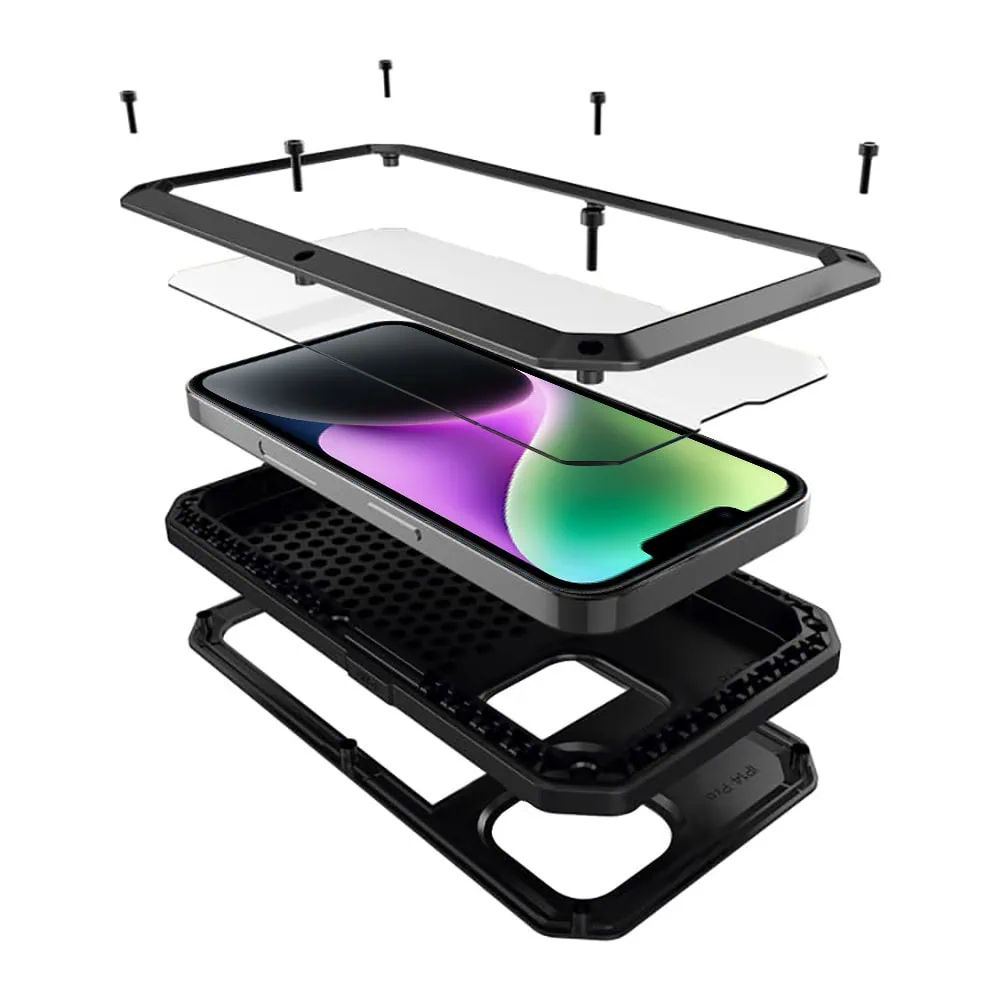 Etui do iPhone 14 Panzer Max, metalowa, skręcana, pancerna obudowa przód+tył, czarne