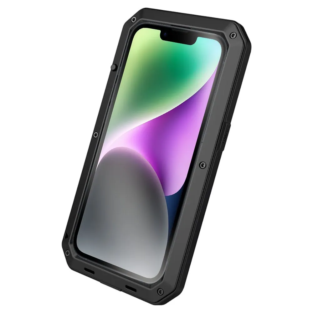 Etui do iPhone 14 Panzer Max, metalowa, skręcana, pancerna obudowa przód+tył, czarne