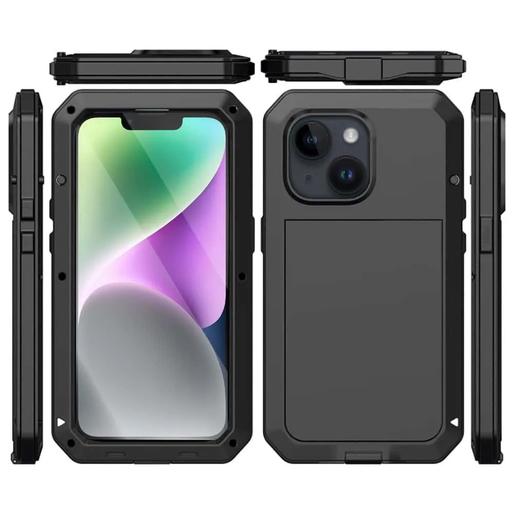 Etui do iPhone 14 Panzer Max, metalowa, skręcana, pancerna obudowa przód+tył, czarne