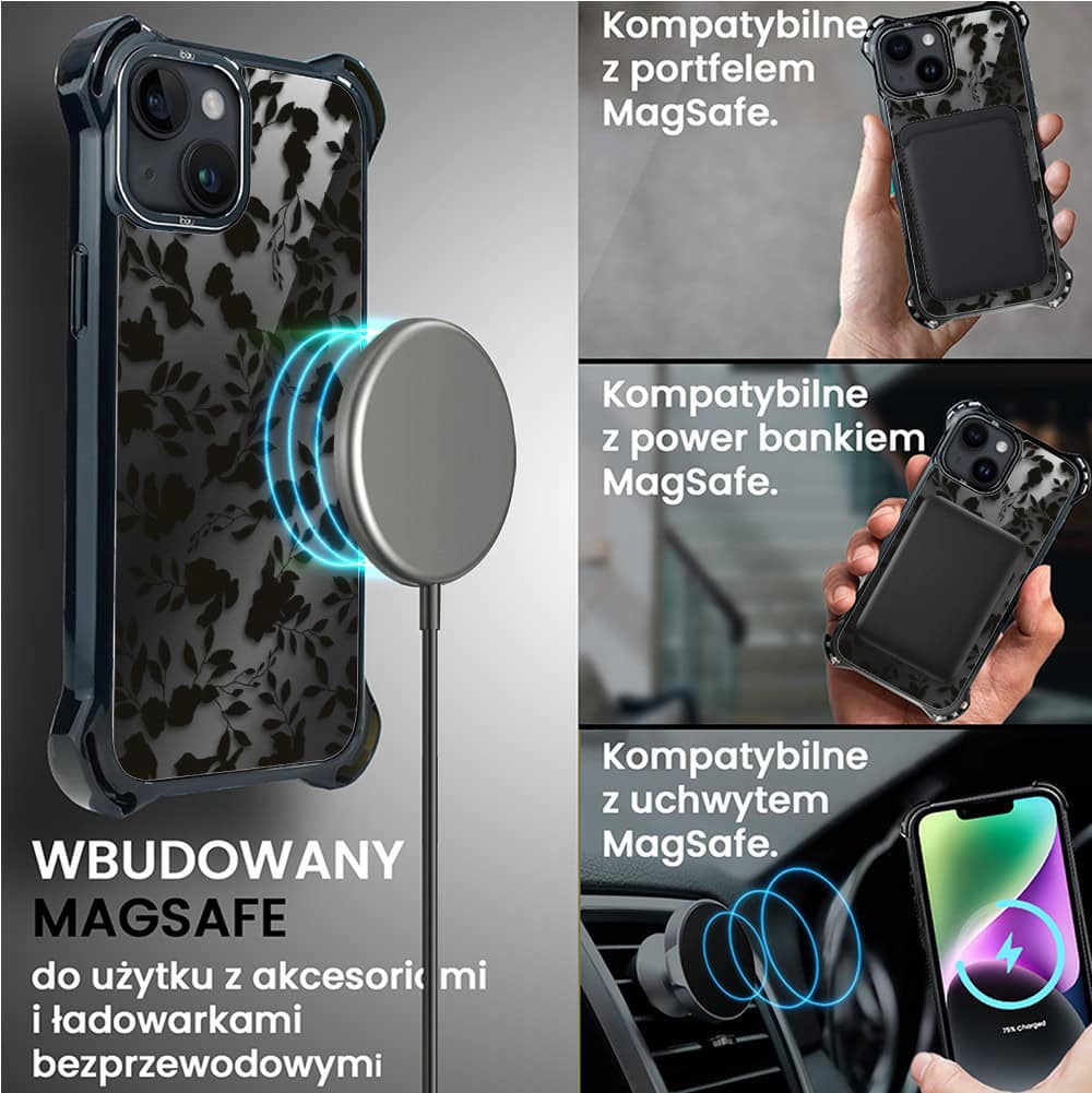 Etui do iPhone 14, Ibizu DropGuard Ultra z MagSafe, Midnight, Cienie liści