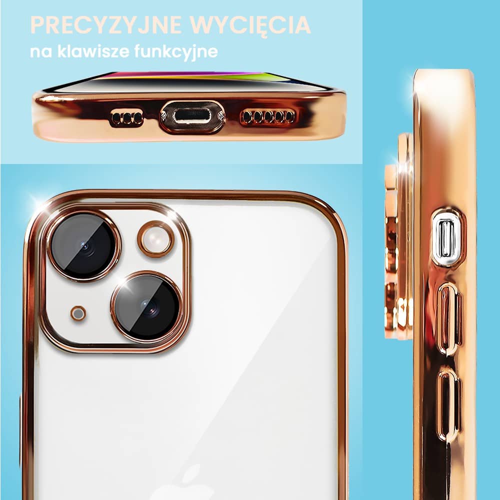 Etui do iPhone 14 Plus Slim Protect Full Cover z osłoną kamery i obiektywów 9H, krystaliczny tył, czerwone złoto