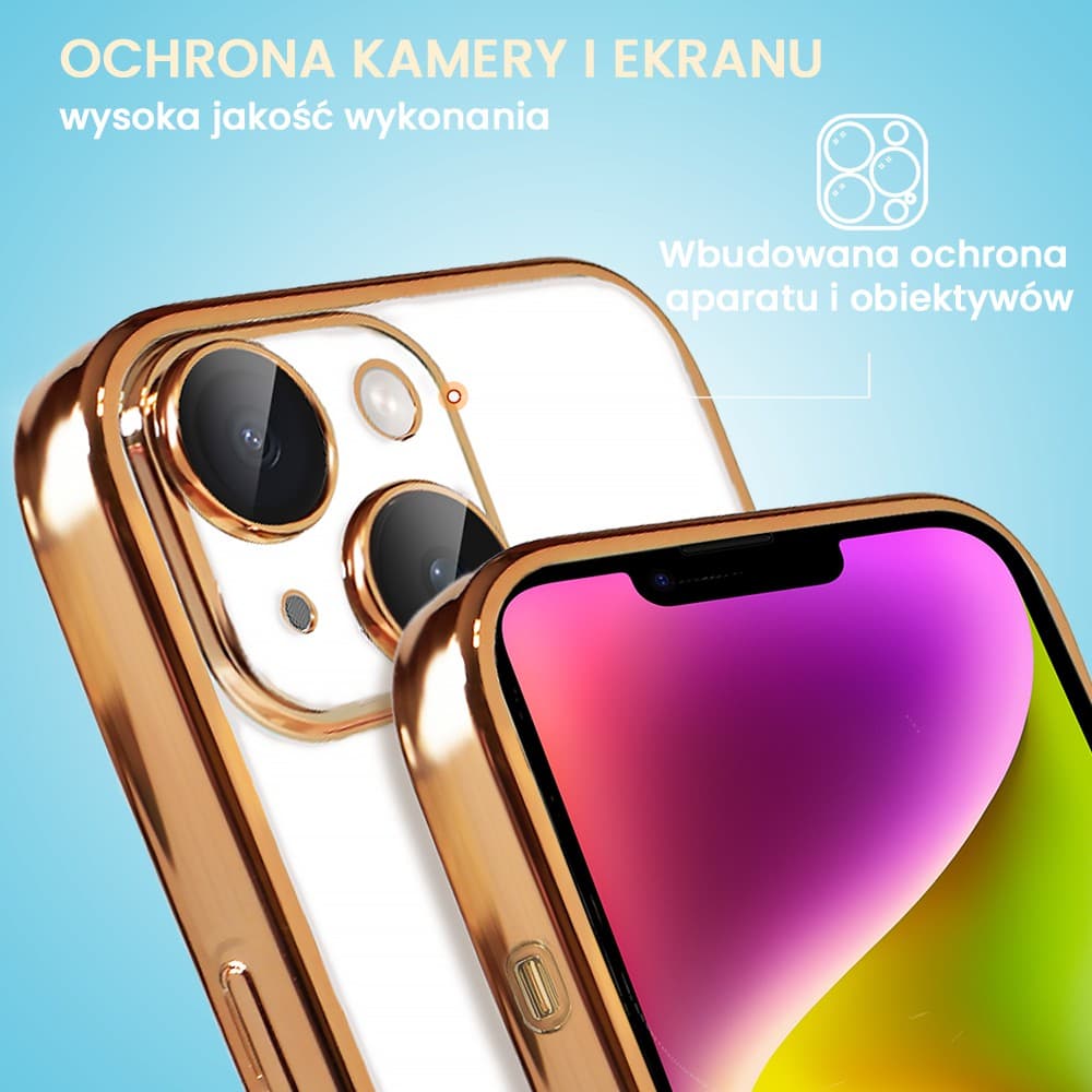 Etui do iPhone 14 Plus Slim Protect Full Cover z osłoną kamery i obiektywów 9H, krystaliczny tył, czerwone złoto