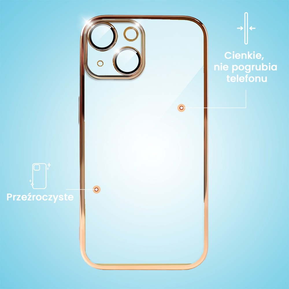 Etui do iPhone 14 Plus Slim Protect Full Cover z osłoną kamery i obiektywów 9H, krystaliczny tył, czerwone złoto