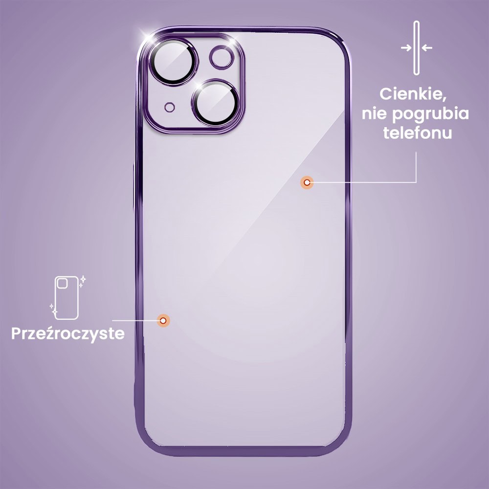 Etui do iPhone 14 Plus Slim Protect Full Cover z osłoną kamery i obiektywów 9H, krystaliczny tył, fioletowe