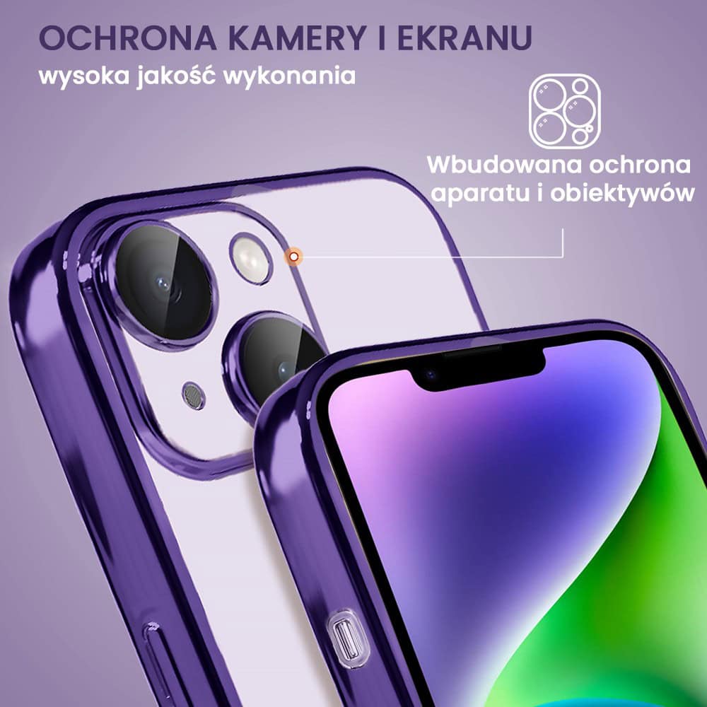 Etui do iPhone 14 Plus Slim Protect Full Cover z osłoną kamery i obiektywów 9H, krystaliczny tył, fioletowe