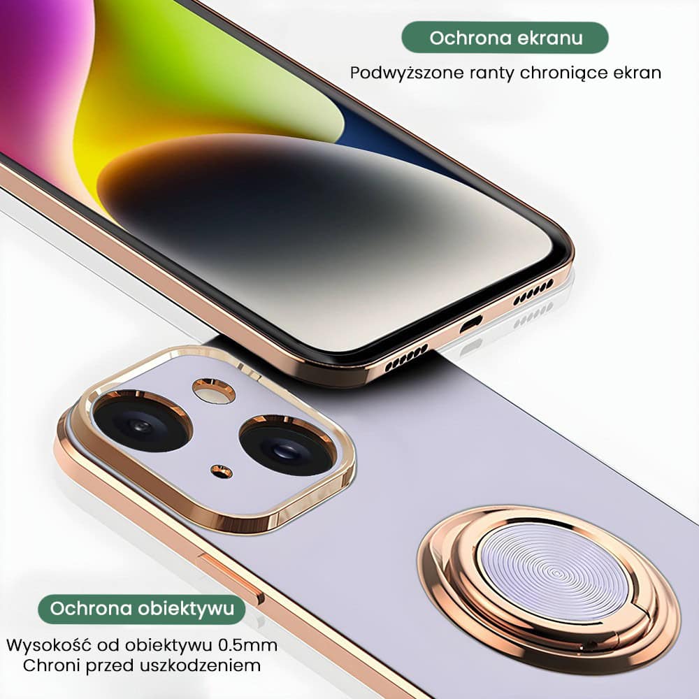 Etui do iPhone 14 Plus eleganckie, ze złotym, metalowym uchwytem i zdobieniami, osłona na aparat, fioletowo liliowe