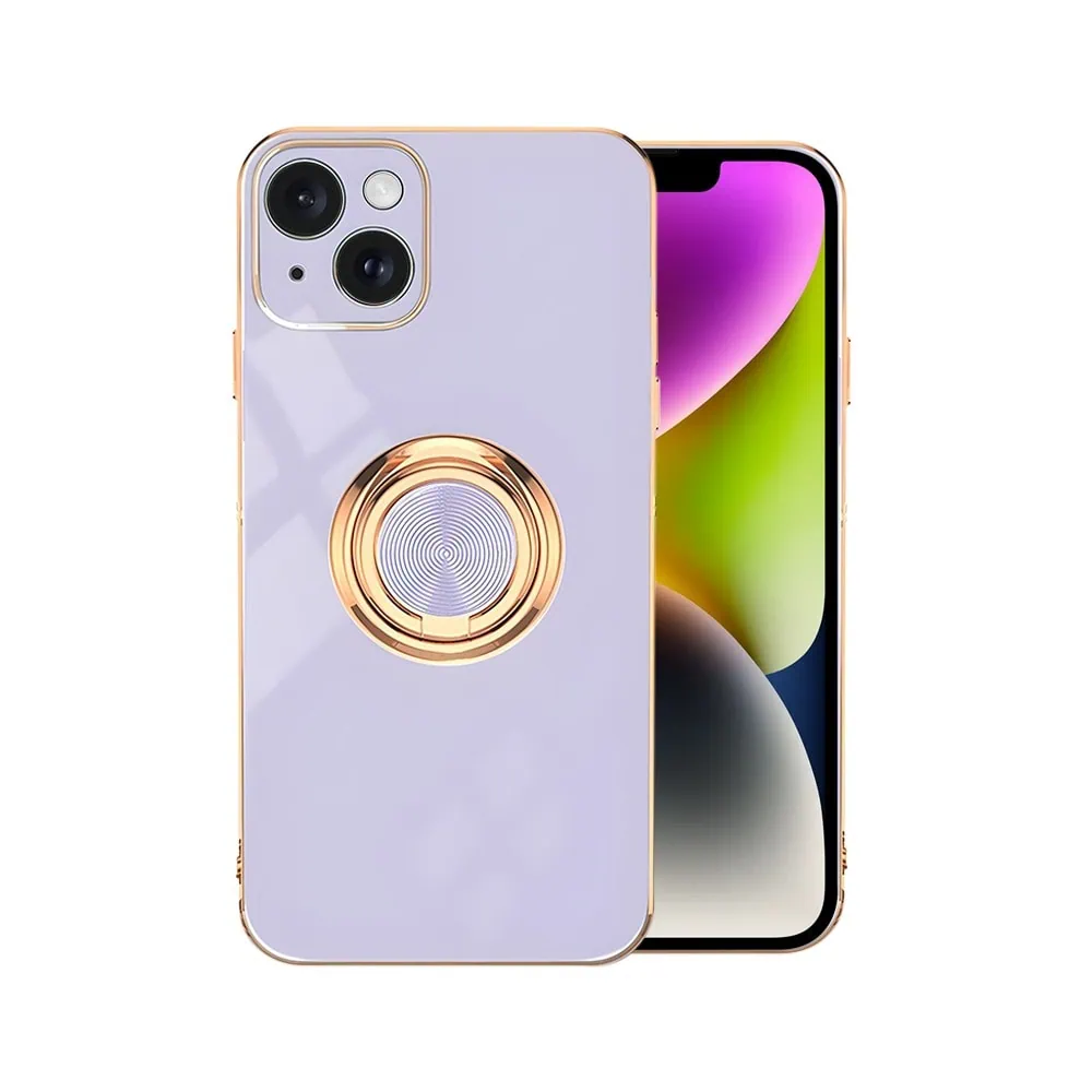 Etui do iPhone 14 Plus eleganckie, ze złotym, metalowym uchwytem i zdobieniami, osłona na aparat, fioletowo liliowe