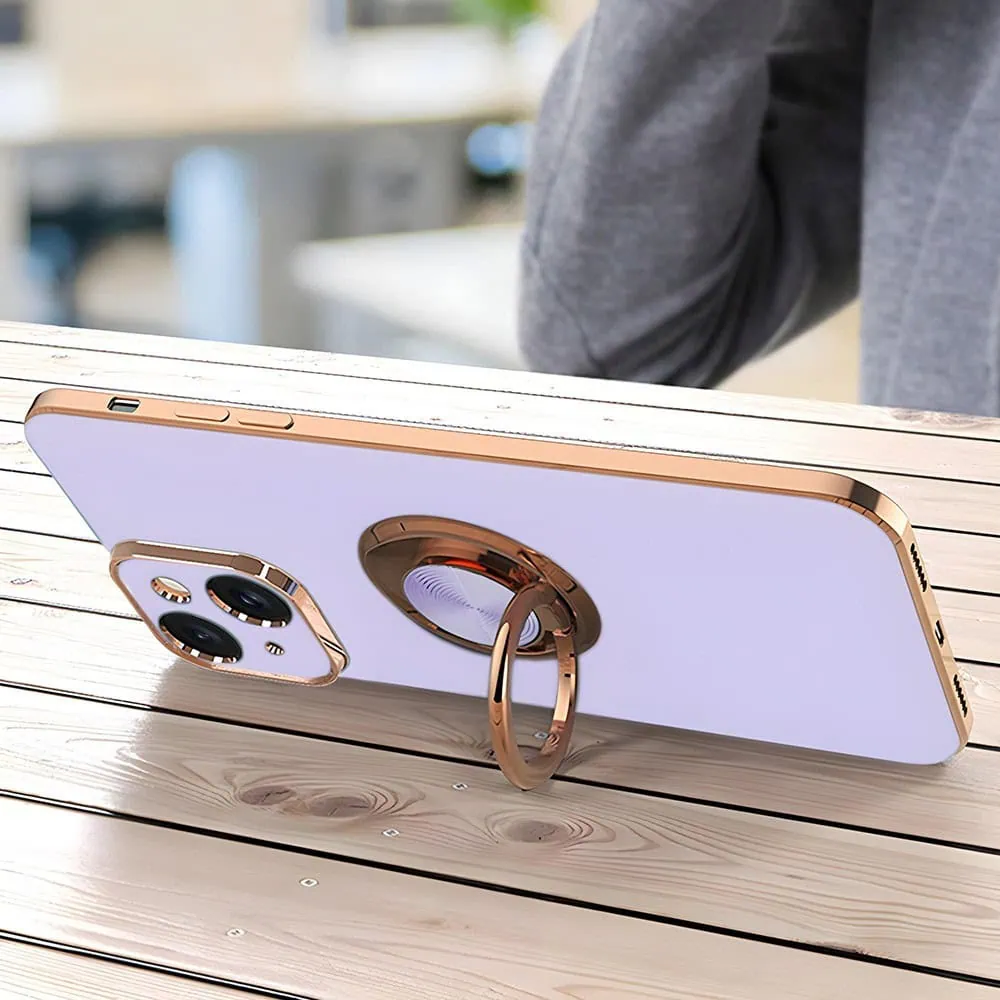 Etui do iPhone 14 Plus eleganckie, ze złotym, metalowym uchwytem i zdobieniami, osłona na aparat, fioletowo liliowe