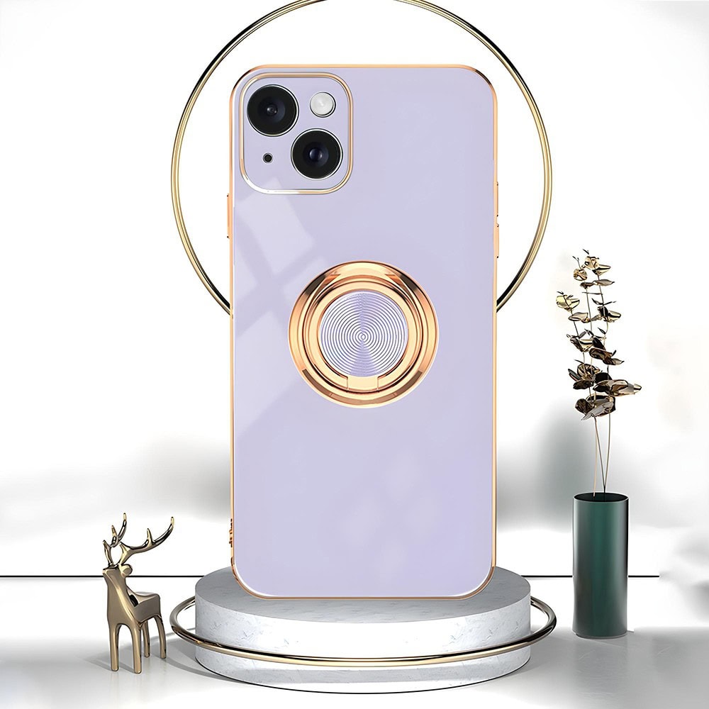 Etui do iPhone 14 Plus eleganckie, ze złotym, metalowym uchwytem i zdobieniami, osłona na aparat, fioletowo liliowe