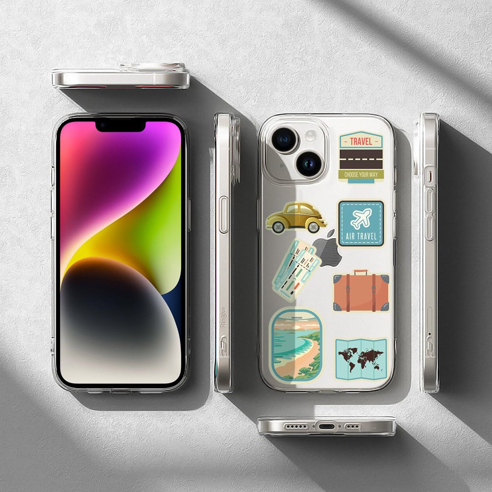 Etui do iPhone 14 Plus, przeźroczyste, naklejki z podróży