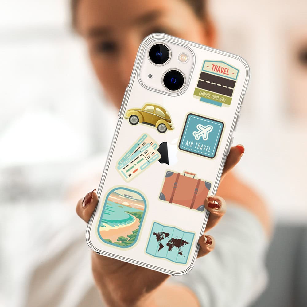 Etui do iPhone 14 Plus, przeźroczyste, naklejki z podróży