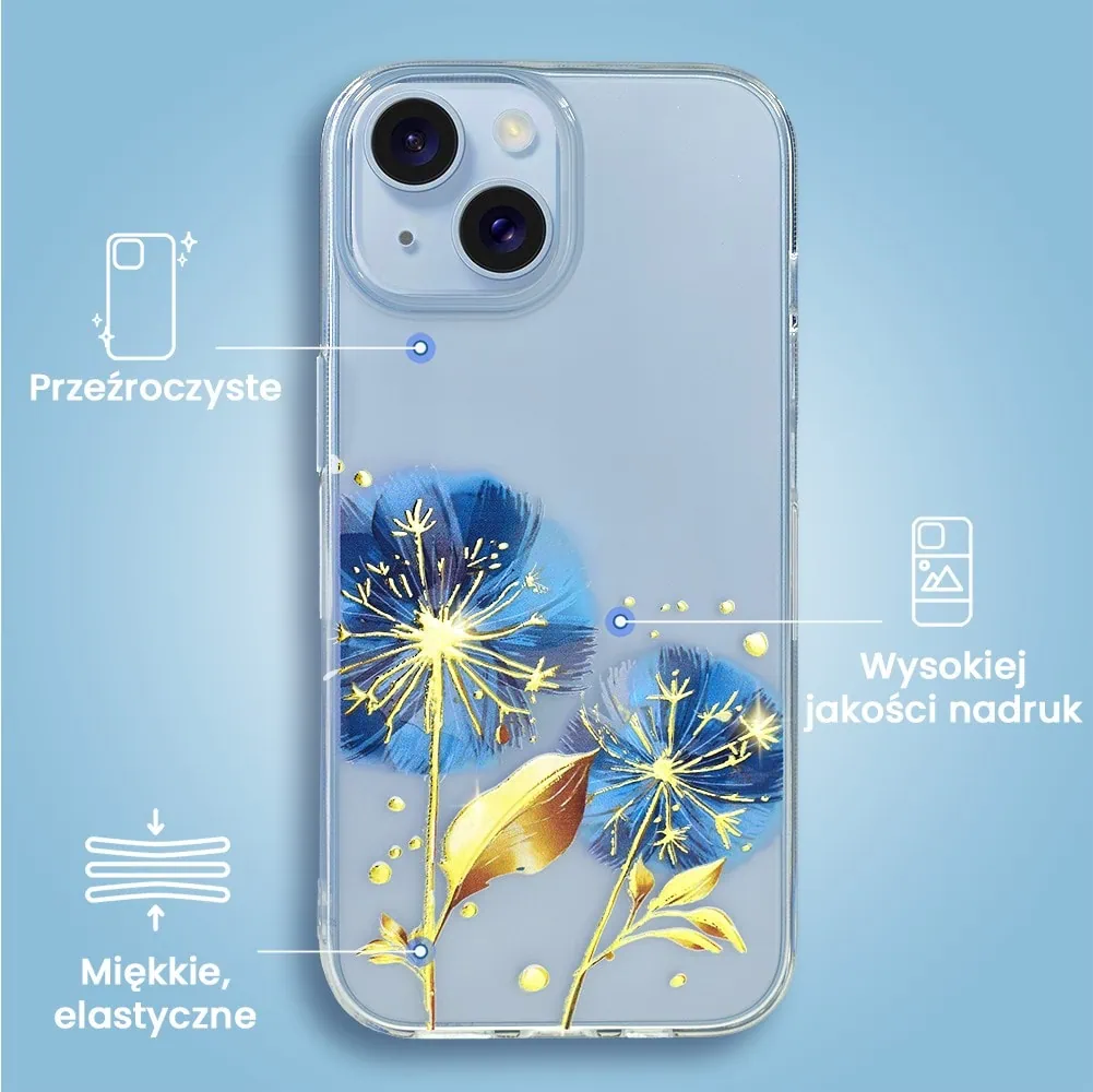 Etui do iPhone 14 Plus, przeźroczyste, niebieskie dmuchawce ze złotym zdobieniem