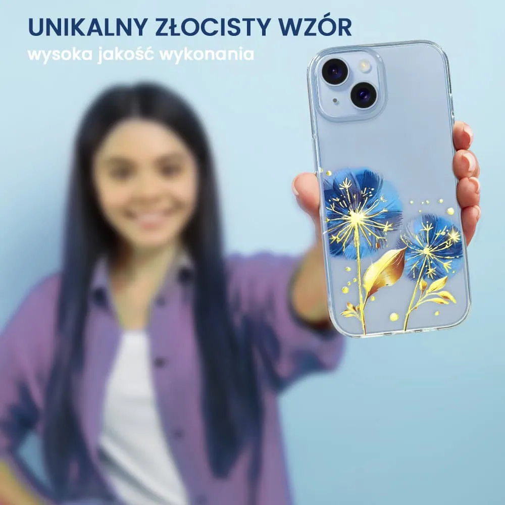 Etui do iPhone 14 Plus, przeźroczyste, niebieskie dmuchawce ze złotym zdobieniem