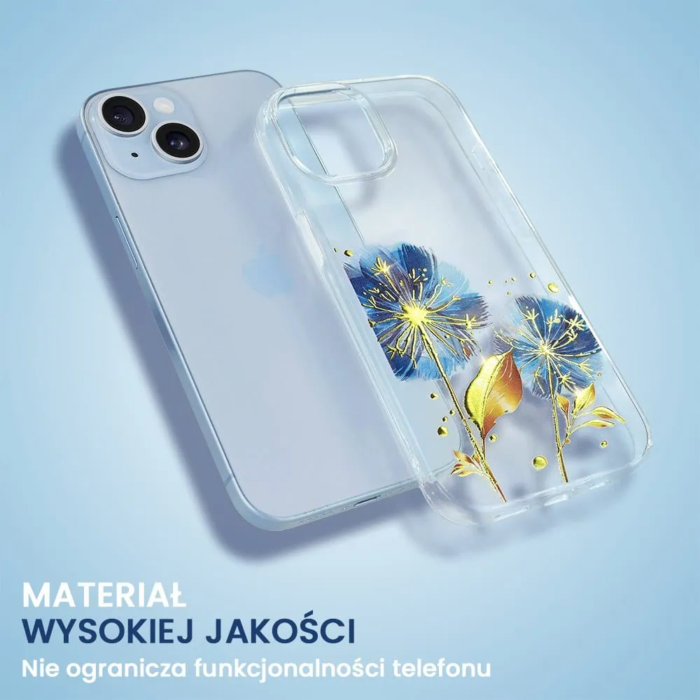 Etui do iPhone 14 Plus, przeźroczyste, niebieskie dmuchawce ze złotym zdobieniem
