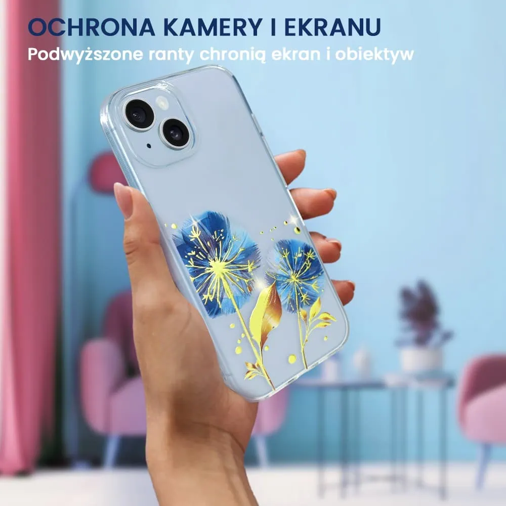 Etui do iPhone 14 Plus, przeźroczyste, niebieskie dmuchawce ze złotym zdobieniem