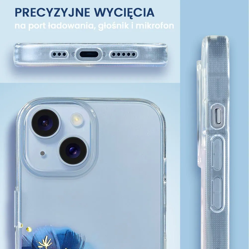 Etui do iPhone 14 Plus, przeźroczyste, niebieskie dmuchawce ze złotym zdobieniem