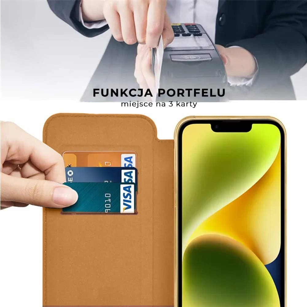 Etui do iPhone 14 Plus typu książka Book Magsafe Lens Protect, z klapką, złote