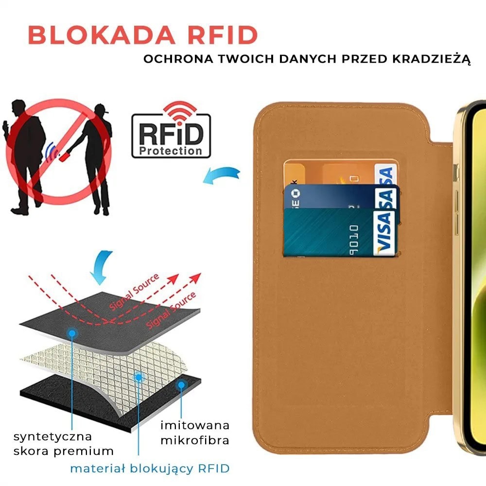Etui do iPhone 14 Plus typu książka Book Magsafe Lens Protect, z klapką, złote