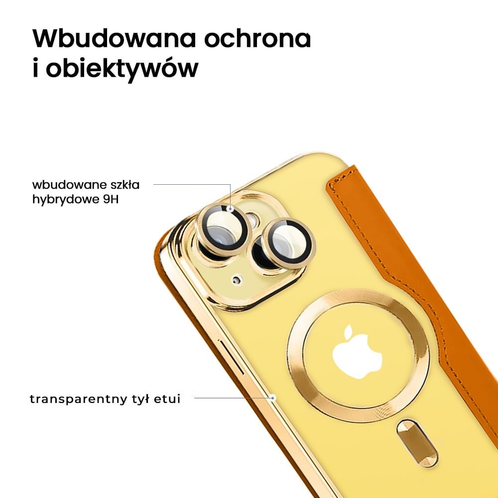 Etui do iPhone 14 Plus typu książka Book Magsafe Lens Protect, z klapką, złote