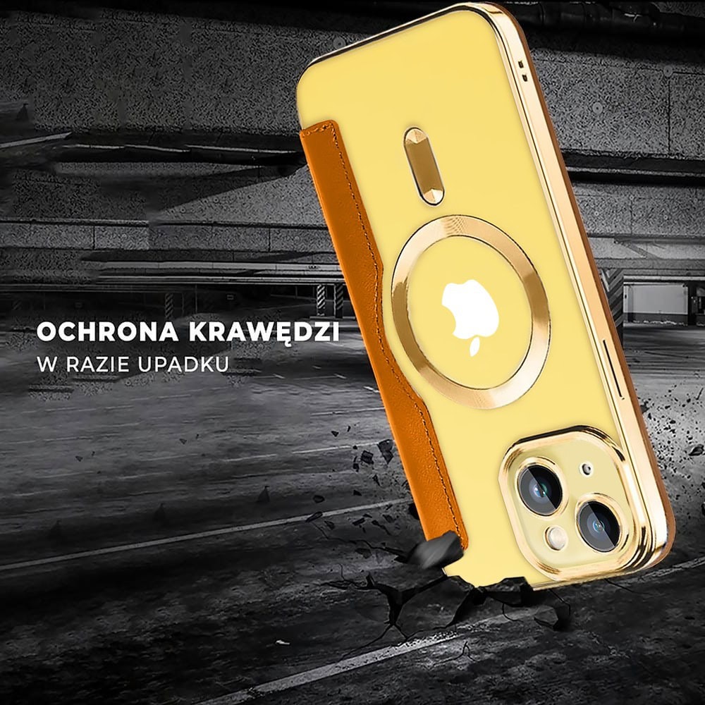 Etui do iPhone 14 Plus typu książka Book Magsafe Lens Protect, z klapką, złote