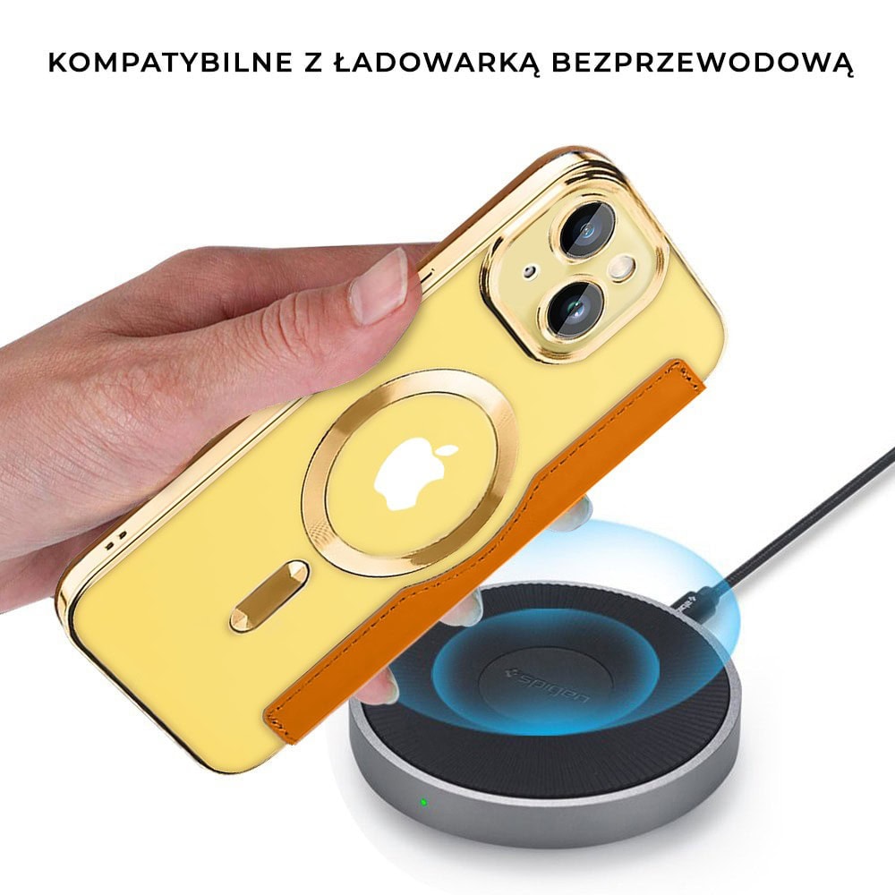 Etui do iPhone 14 Plus typu książka Book Magsafe Lens Protect, z klapką, złote