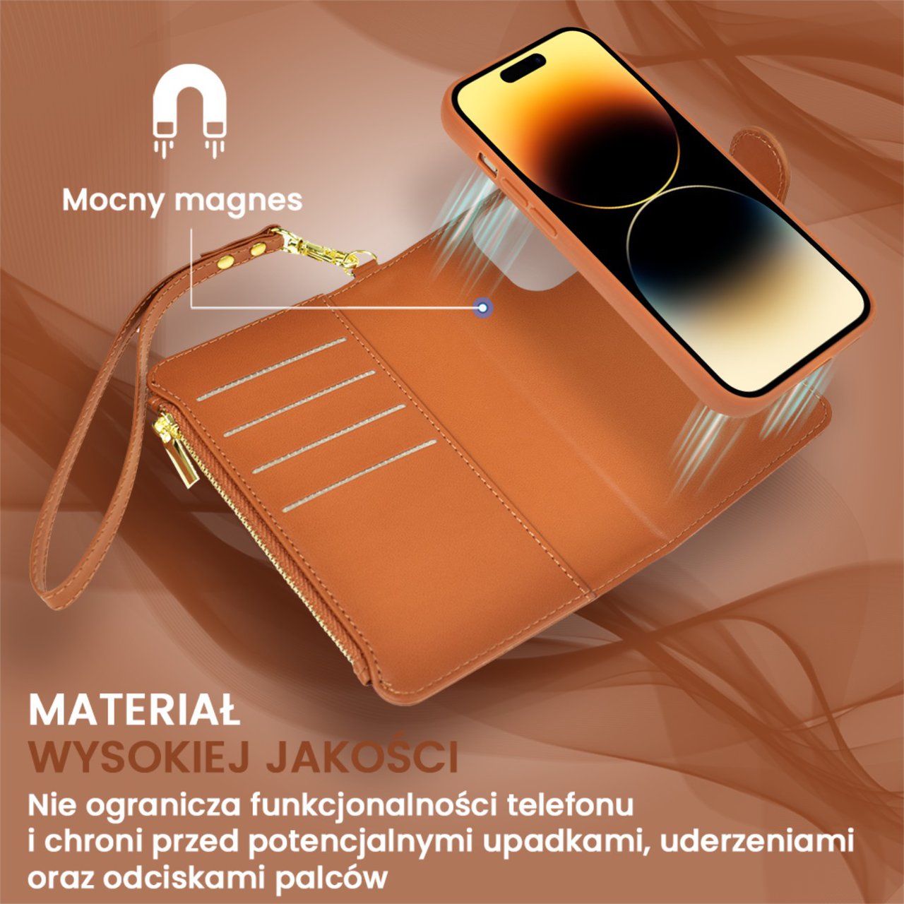 Etui do iPhone 14 Pro Max 2w1 Magsafe Double Wallet, zestaw etui oraz kabura ze smyczą, brązowe