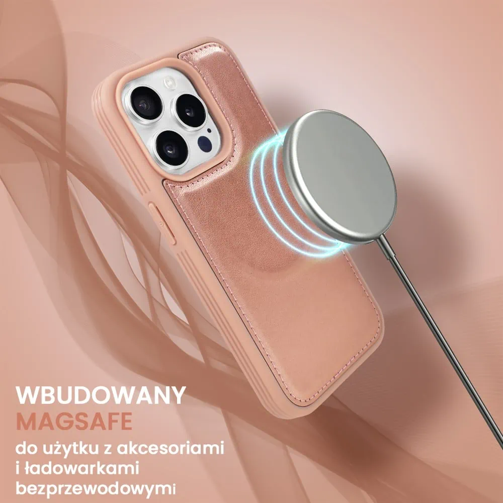 Etui do iPhone 14 Pro 3w1 Magsafe Double Book, zestaw etui oraz kabura z podstawką, różowe złoto