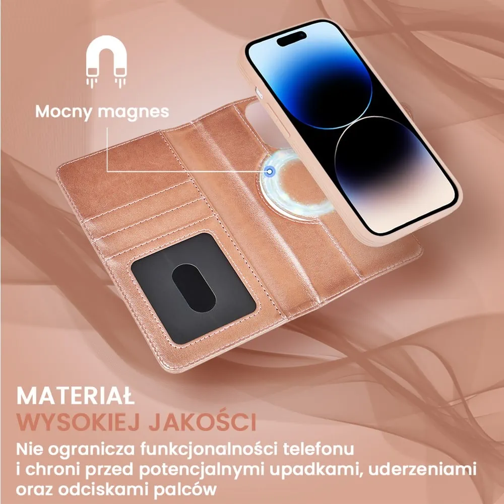 Etui do iPhone 14 Pro 3w1 Magsafe Double Book, zestaw etui oraz kabura z podstawką, różowe złoto