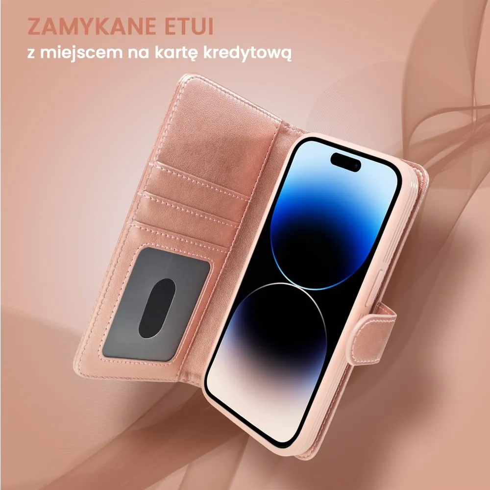 Etui do iPhone 14 Pro 3w1 Magsafe Double Book, zestaw etui oraz kabura z podstawką, różowe złoto