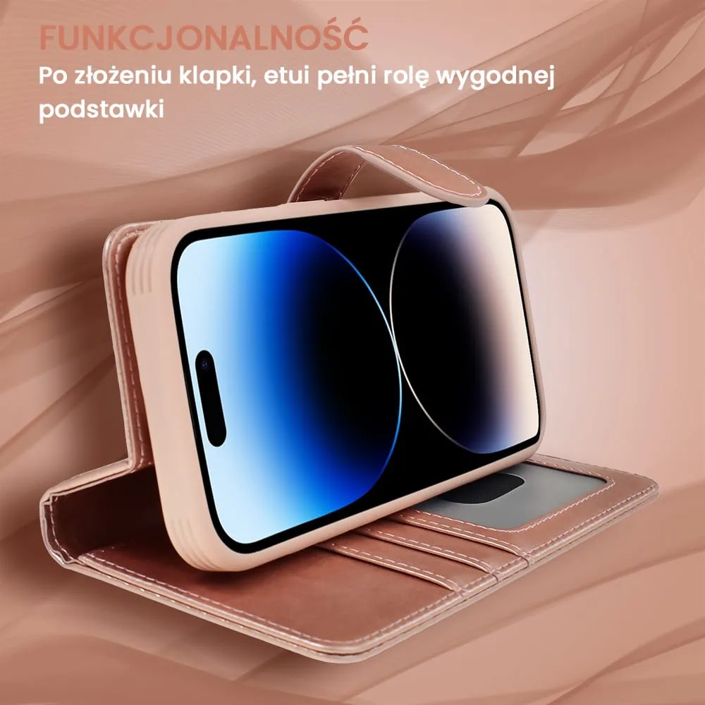 Etui do iPhone 14 Pro 3w1 Magsafe Double Book, zestaw etui oraz kabura z podstawką, różowe złoto